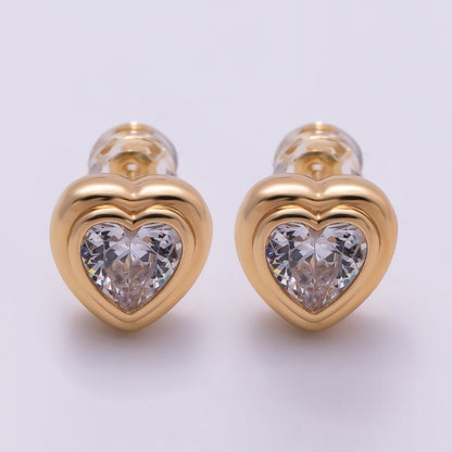 16K Gold Filled 9mm Clear CZ Love Heart Bezel Stud Earrings in Gold &amp; Silver | Earrings-00417 Earrings-00418