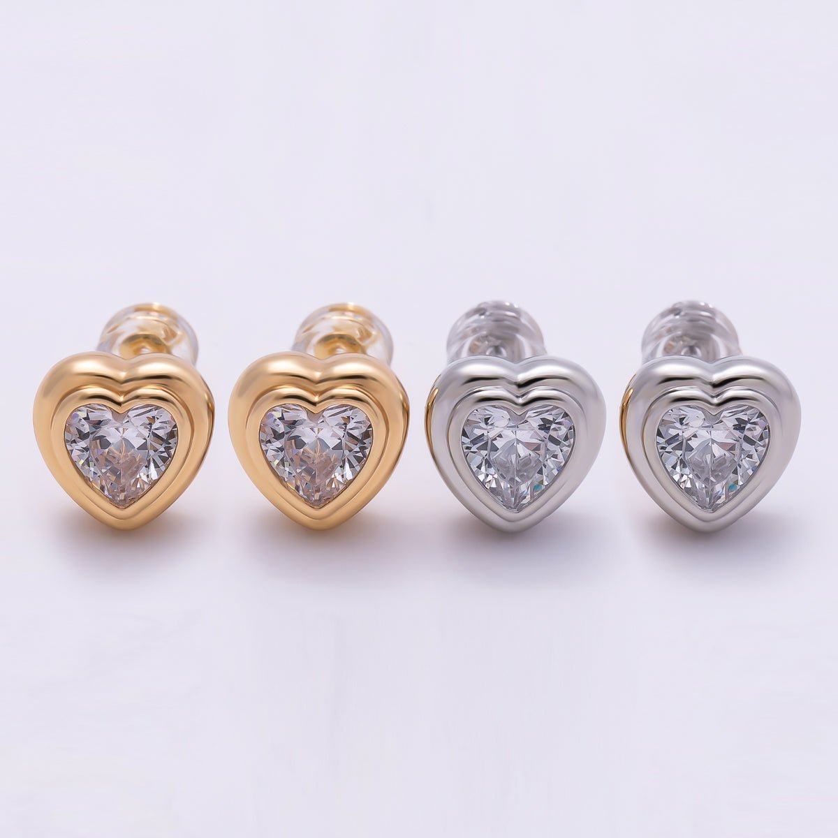 16K Gold Filled 9mm Clear CZ Love Heart Bezel Stud Earrings in Gold &amp; Silver | Earrings-00417 Earrings-00418