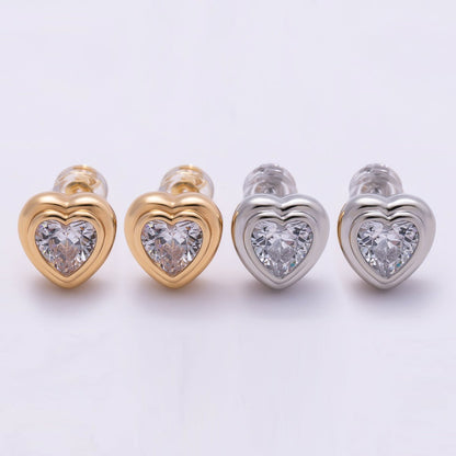 16K Gold Filled 9mm Clear CZ Love Heart Bezel Stud Earrings in Gold &amp; Silver | Earrings-00417 Earrings-00418