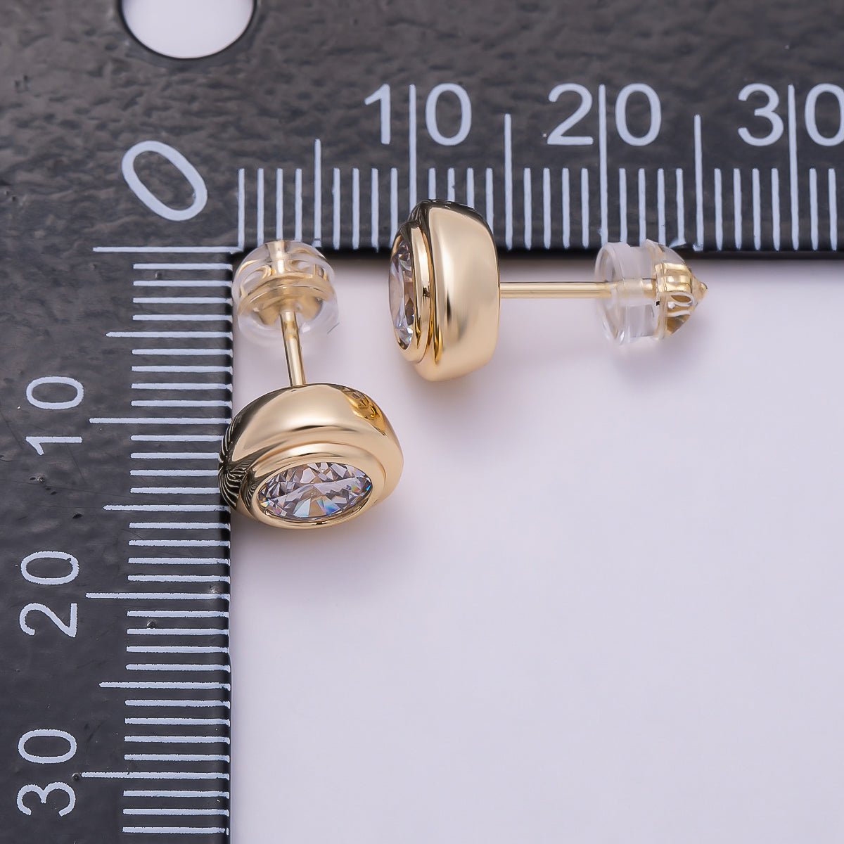16K Gold Filled 9mm Clear CZ Round Bezel Stud Earrings in Gold &amp; Silver | Earrings-00425 Earrings-00426