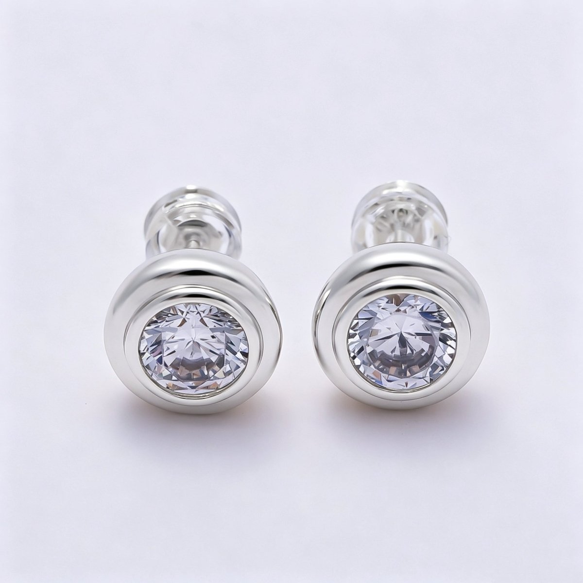 16K Gold Filled 9mm Clear CZ Round Bezel Stud Earrings in Gold &amp; Silver | Earrings-00425 Earrings-00426