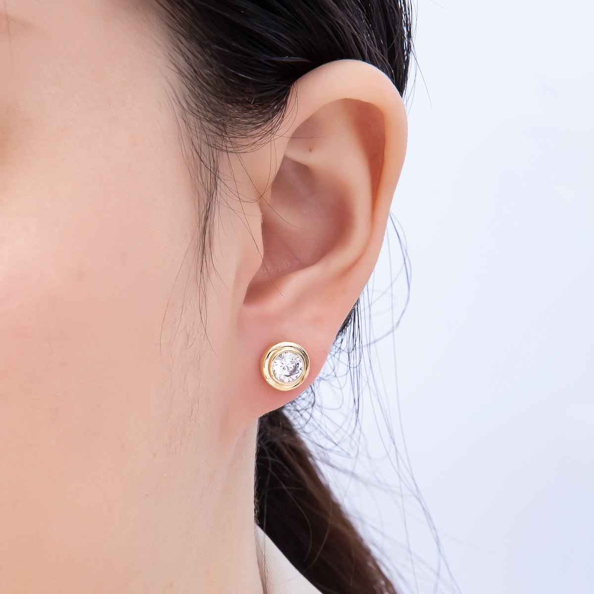 16K Gold Filled 9mm Clear CZ Round Bezel Stud Earrings in Gold &amp; Silver | Earrings-00425 Earrings-00426