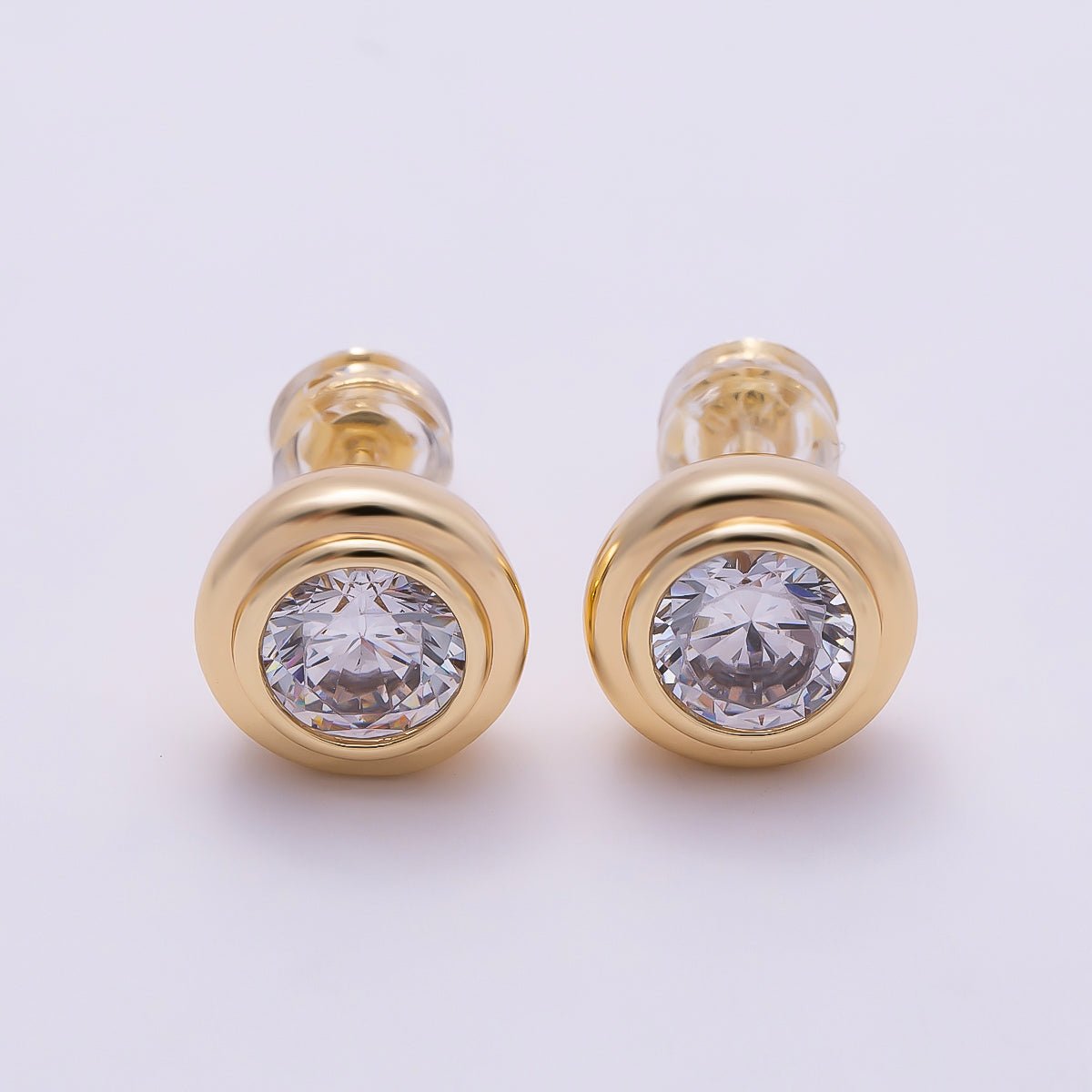 16K Gold Filled 9mm Clear CZ Round Bezel Stud Earrings in Gold &amp; Silver | Earrings-00425 Earrings-00426