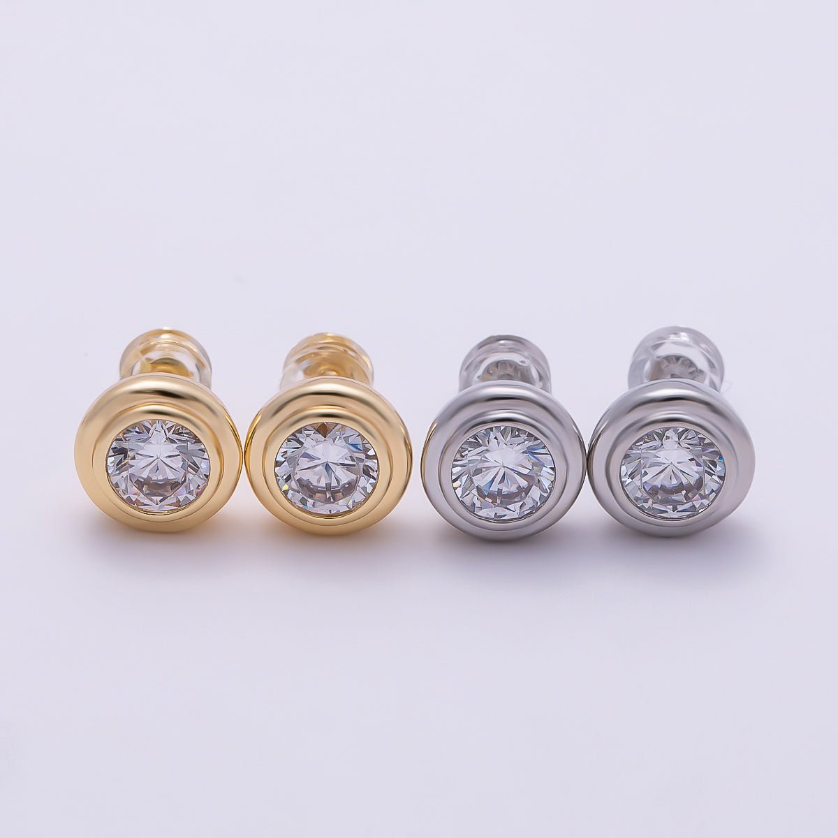 16K Gold Filled 9mm Clear CZ Round Bezel Stud Earrings in Gold &amp; Silver | Earrings-00425 Earrings-00426