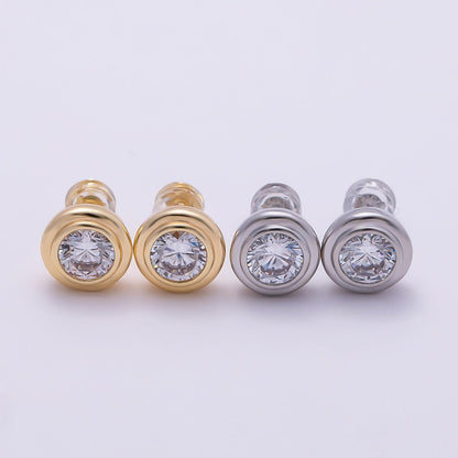 16K Gold Filled 9mm Clear CZ Round Bezel Stud Earrings in Gold &amp; Silver | Earrings-00425 Earrings-00426
