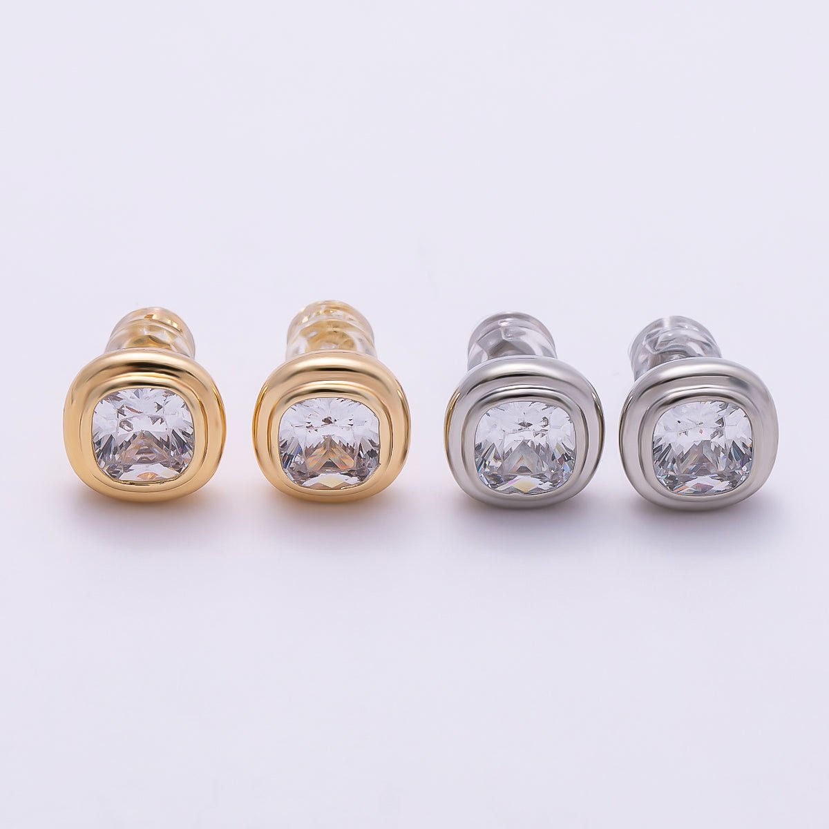 16K Gold Filled 9mm Clear CZ Square Bezel Stud Earrings in Gold &amp; Silver | Earrings-00421 Earrings-00422
