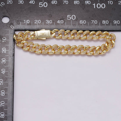 16K Gold Filled 9mm Micro Paved CZ Curb Chain 7 Inch Bracelet | WA-04331