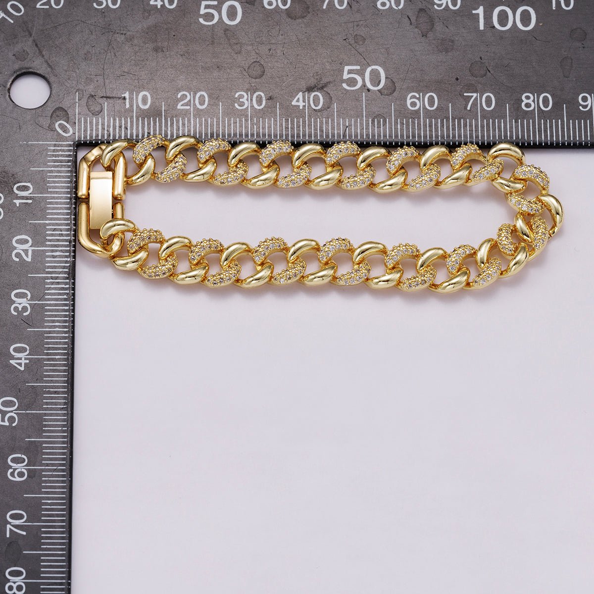 16K Gold Filled 9mm Micro Paved CZ Curb Chain 7 Inch Bracelet | WA-04332