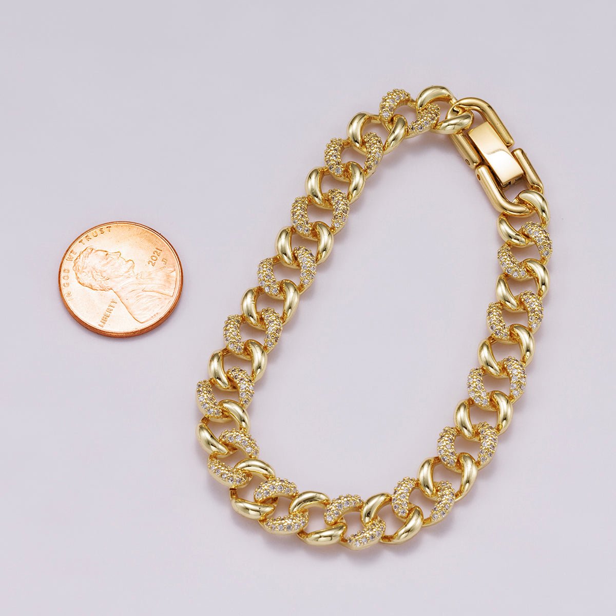 16K Gold Filled 9mm Micro Paved CZ Curb Chain 7 Inch Bracelet | WA-04332