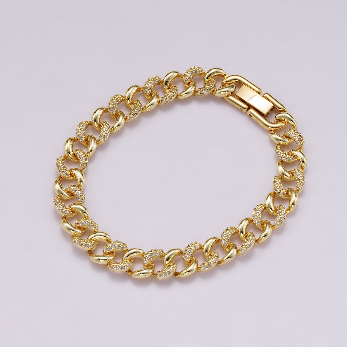 16K Gold Filled 9mm Micro Paved CZ Curb Chain 7 Inch Bracelet | WA-04332