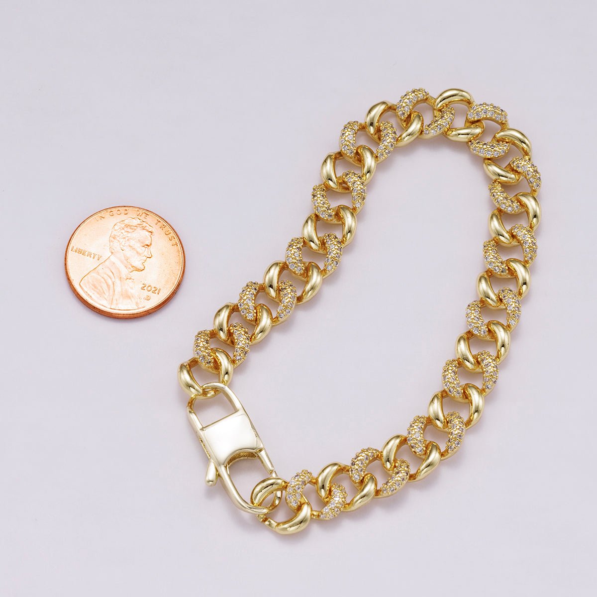 16K Gold Filled 9mm Micro Paved CZ Curb Chain 7 Inch Bracelet | WA-04334