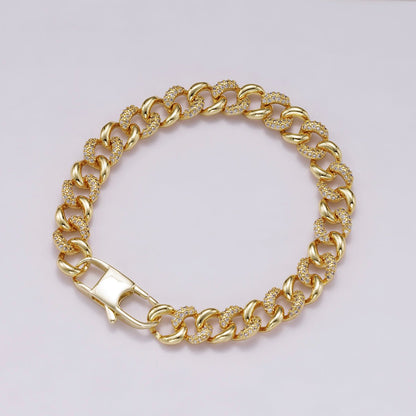 16K Gold Filled 9mm Micro Paved CZ Curb Chain 7 Inch Bracelet | WA-04334