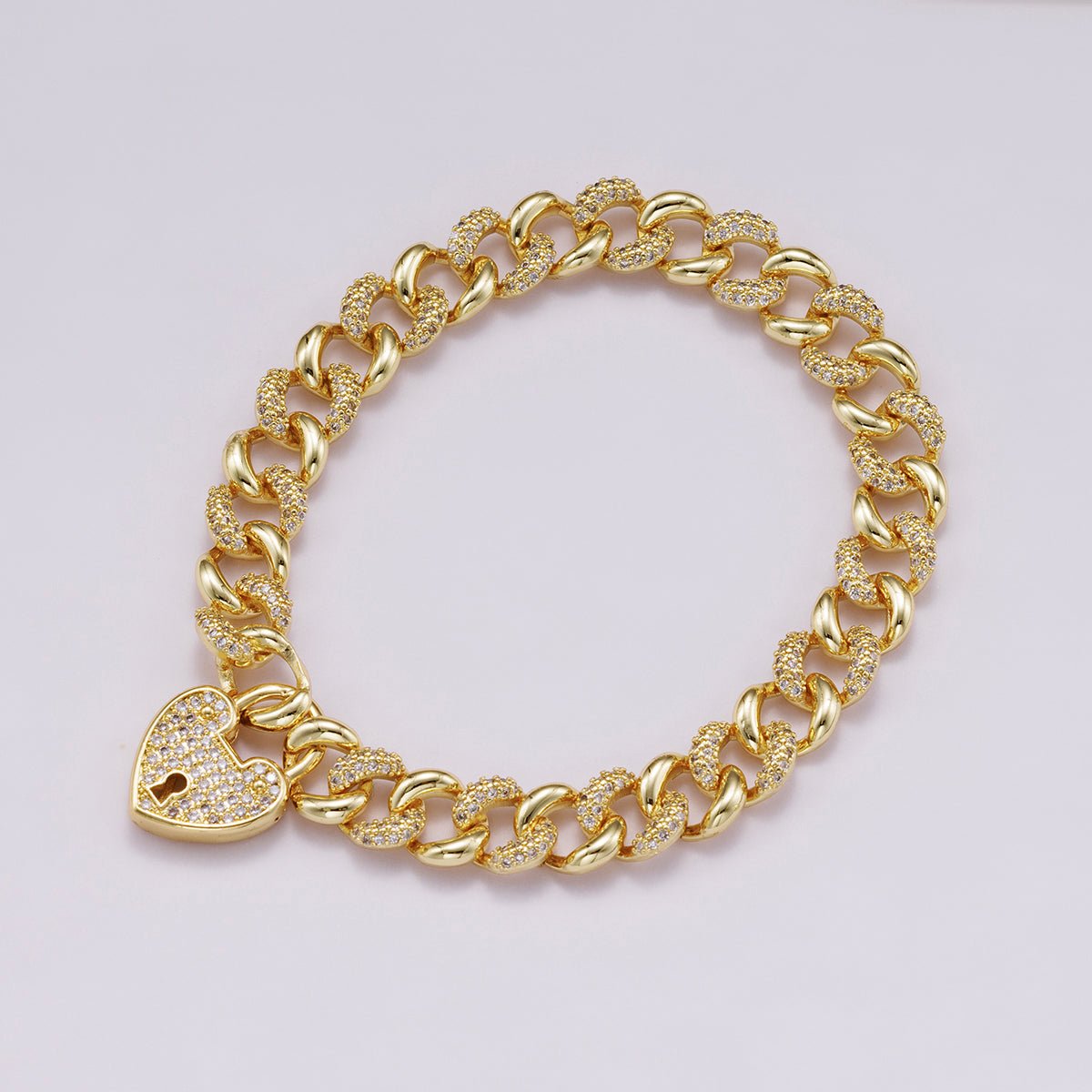 16K Gold Filled 9mm Micro Paved CZ Curb Chain 7 Inch with Interlock Heart Clasp Bracelet | WA-04333