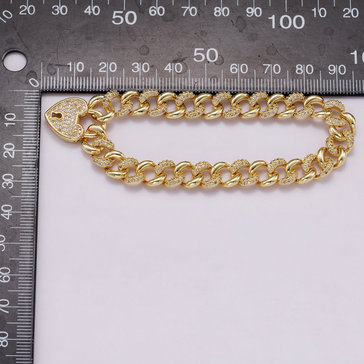 16K Gold Filled 9mm Micro Paved CZ Curb Chain 7 Inch with Interlock Heart Clasp Bracelet | WA-04333