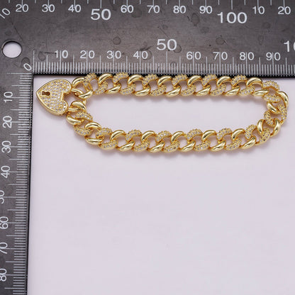 16K Gold Filled 9mm Micro Paved CZ Curb Chain 7 Inch with Interlock Heart Clasp Bracelet | WA-04333