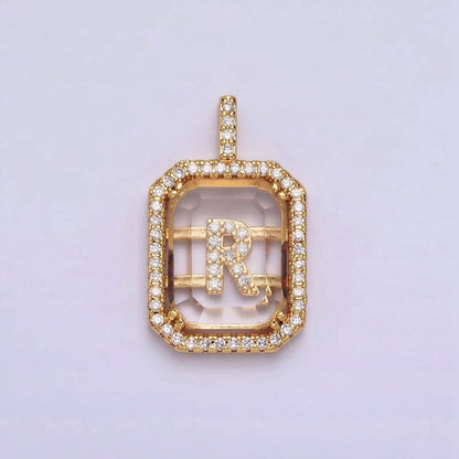 16K Gold Filled A-Z Alphabet Letter Initial Double Bar Baguette Clear Micro Paved CZ Pendant | A-963-A-975