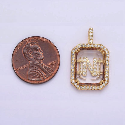 16K Gold Filled A-Z Alphabet Letter Initial Double Bar Baguette Clear Micro Paved CZ Pendant | A-963-A-975
