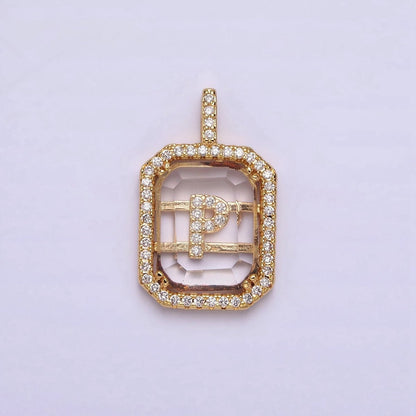 16K Gold Filled A-Z Alphabet Letter Initial Double Bar Baguette Clear Micro Paved CZ Pendant | A-963-A-975