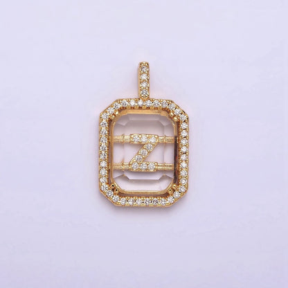 16K Gold Filled A-Z Alphabet Letter Initial Double Bar Baguette Clear Micro Paved CZ Pendant | A-963-A-975
