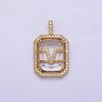 16K Gold Filled A-Z Alphabet Letter Initial Double Bar Baguette Clear Micro Paved CZ Pendant | A-963-A-975