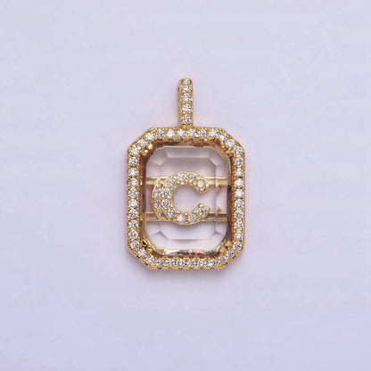 16K Gold Filled A-Z Alphabet Letter Initial Double Bar Baguette Clear Micro Paved CZ Pendant | A-963-A-975