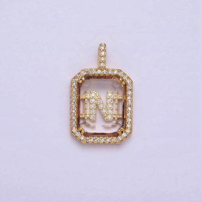 16K Gold Filled A-Z Alphabet Letter Initial Double Bar Baguette Clear Micro Paved CZ Pendant | A-963-A-975
