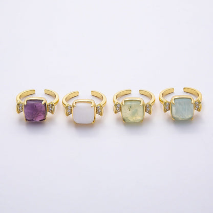 16K Gold Filled Amethyst, Aquamarine, Peridot, White Quartz Square Micro Paved CZ Ring | Rings-00109 ~ Rings-00112
