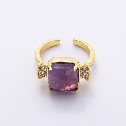 16K Gold Filled Amethyst, Aquamarine, Peridot, White Quartz Square Micro Paved CZ Ring | Rings-00109 ~ Rings-00112