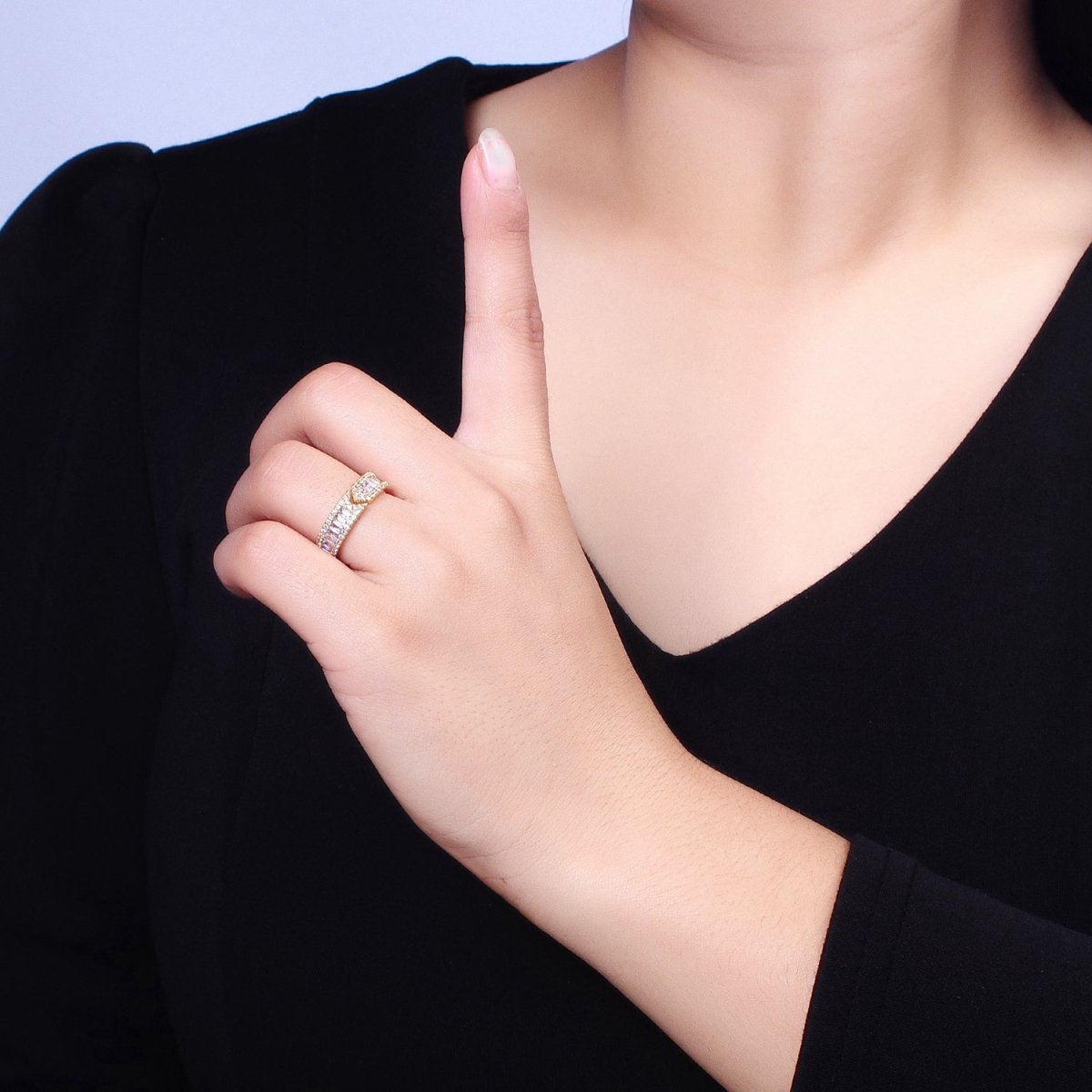 16K Gold Filled Baguette CZ Micro Paved Arrow Band Ring in Gold &amp; Silver |  O-1921