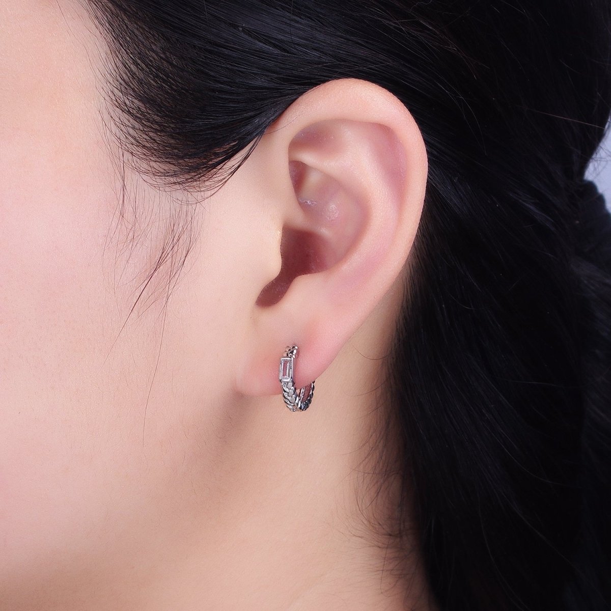 16K Gold Filled Baguette Paddy Wheat 14mm Huggie Earrings in Gold &amp; Silver | AB1439 AB1440