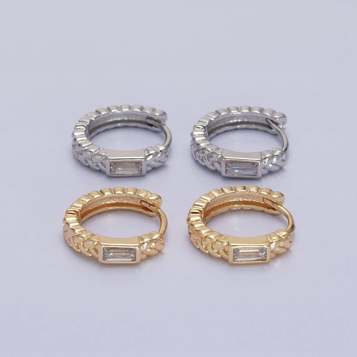 16K Gold Filled Baguette Paddy Wheat 14mm Huggie Earrings in Gold &amp; Silver | AB1439 AB1440