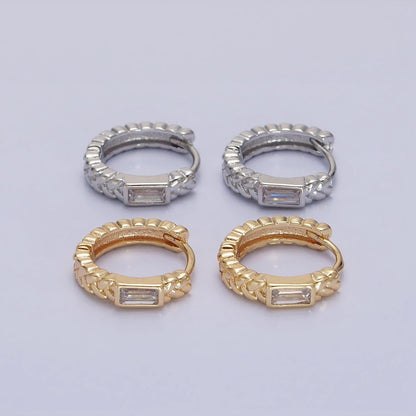 16K Gold Filled Baguette Paddy Wheat 14mm Huggie Earrings in Gold &amp; Silver | AB1439 AB1440