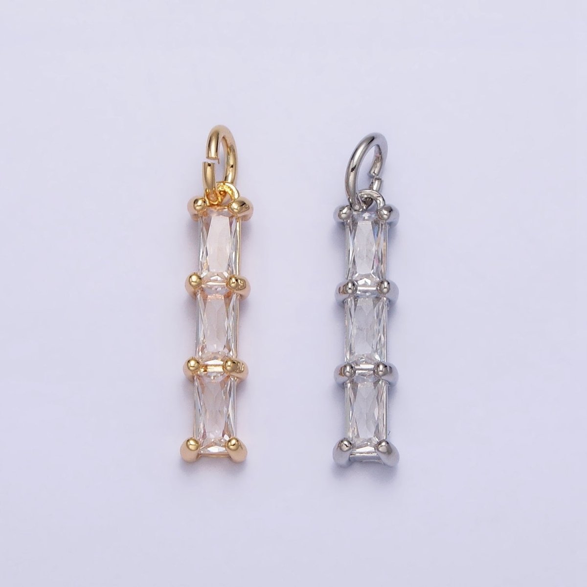 16K Gold Filled Bamboo Clear Baguette CZ Linear Lined Charm in Gold &amp; Silver | AC1225 AC1226