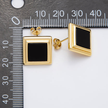 16K Gold Filled Black Bezel Square Stud Earrings | Earrings-00262