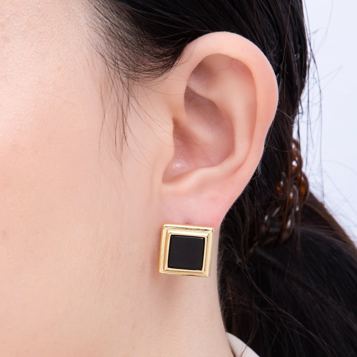 16K Gold Filled Black Bezel Square Stud Earrings | Earrings-00262