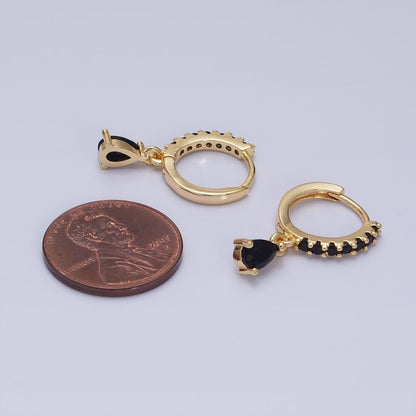 16K Gold Filled Black CZ Teardrop Micro Paved Huggie Earrings in Gold &amp; Silver | AD839 AD840