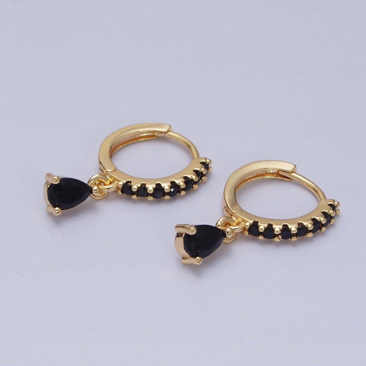 16K Gold Filled Black CZ Teardrop Micro Paved Huggie Earrings in Gold &amp; Silver | AD839 AD840