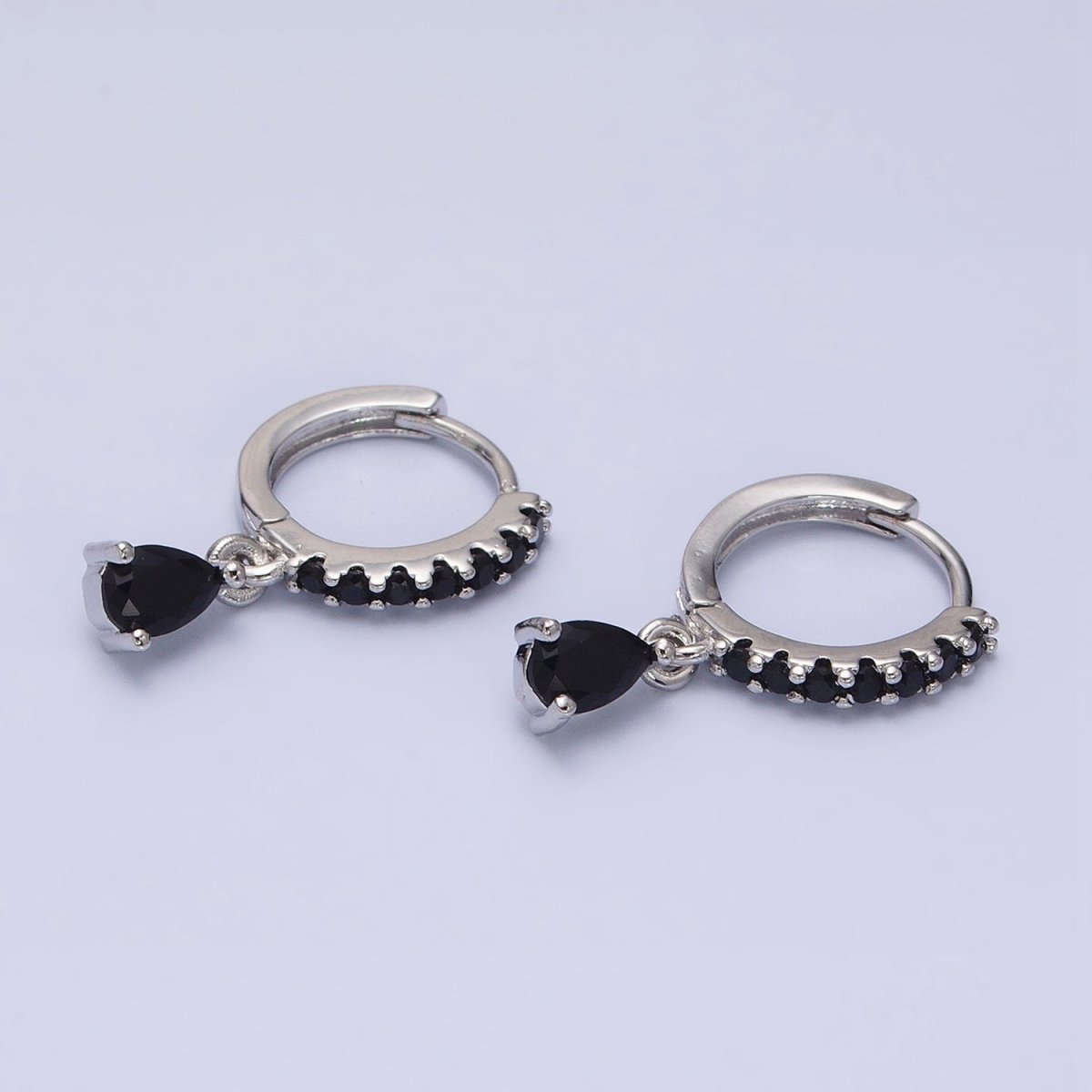 16K Gold Filled Black CZ Teardrop Micro Paved Huggie Earrings in Gold &amp; Silver | AD839 AD840