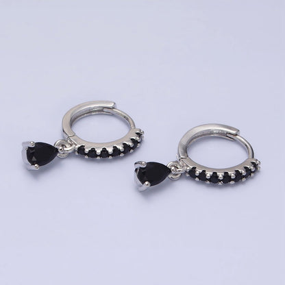 16K Gold Filled Black CZ Teardrop Micro Paved Huggie Earrings in Gold &amp; Silver | AD839 AD840