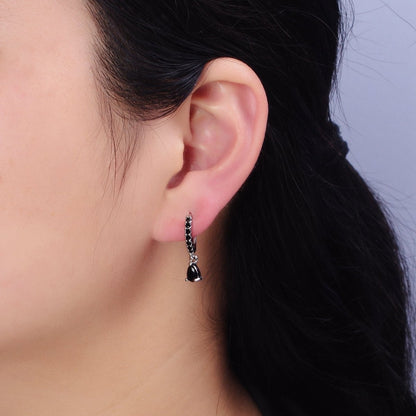 16K Gold Filled Black CZ Teardrop Micro Paved Huggie Earrings in Gold &amp; Silver | AD839 AD840