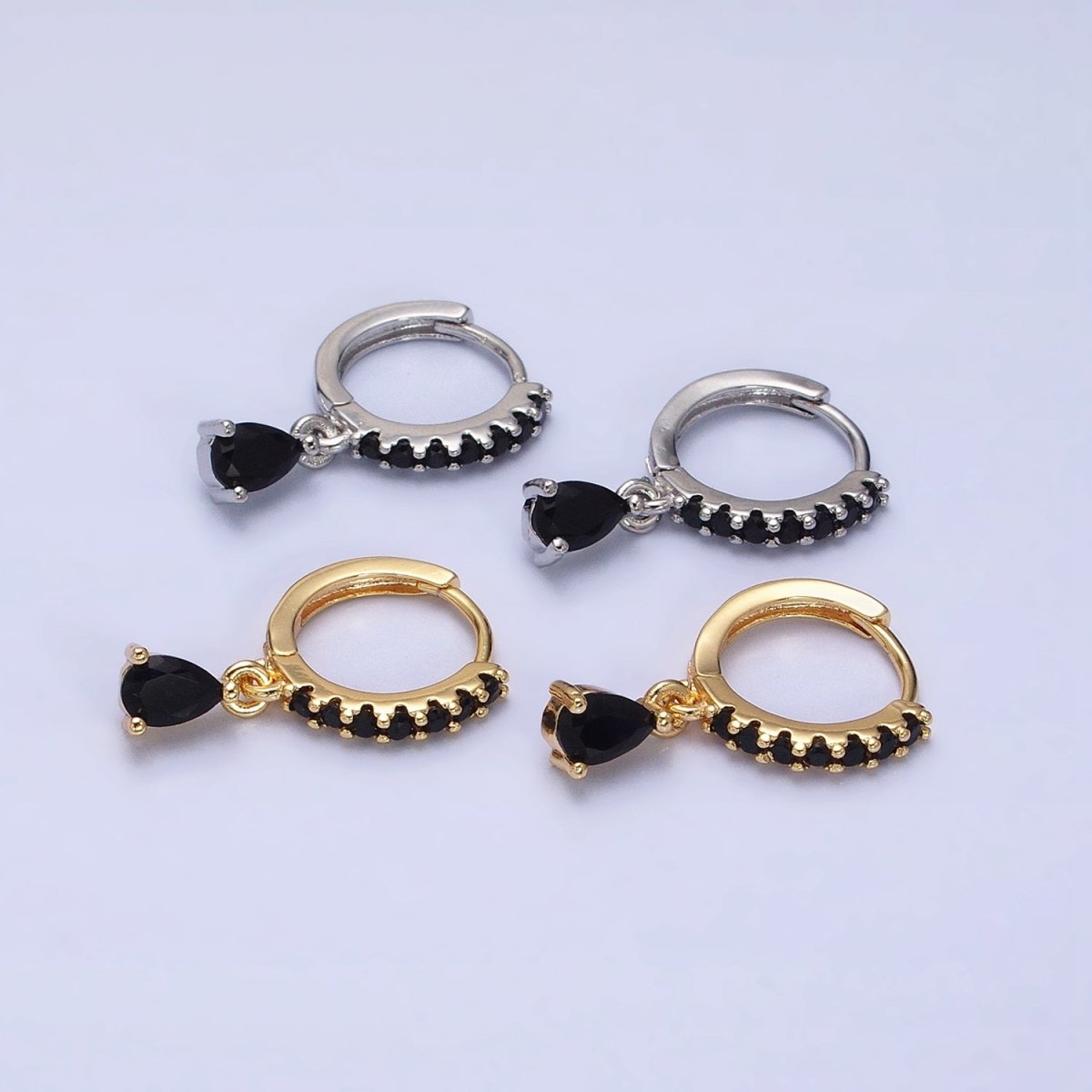 16K Gold Filled Black CZ Teardrop Micro Paved Huggie Earrings in Gold &amp; Silver | AD839 AD840
