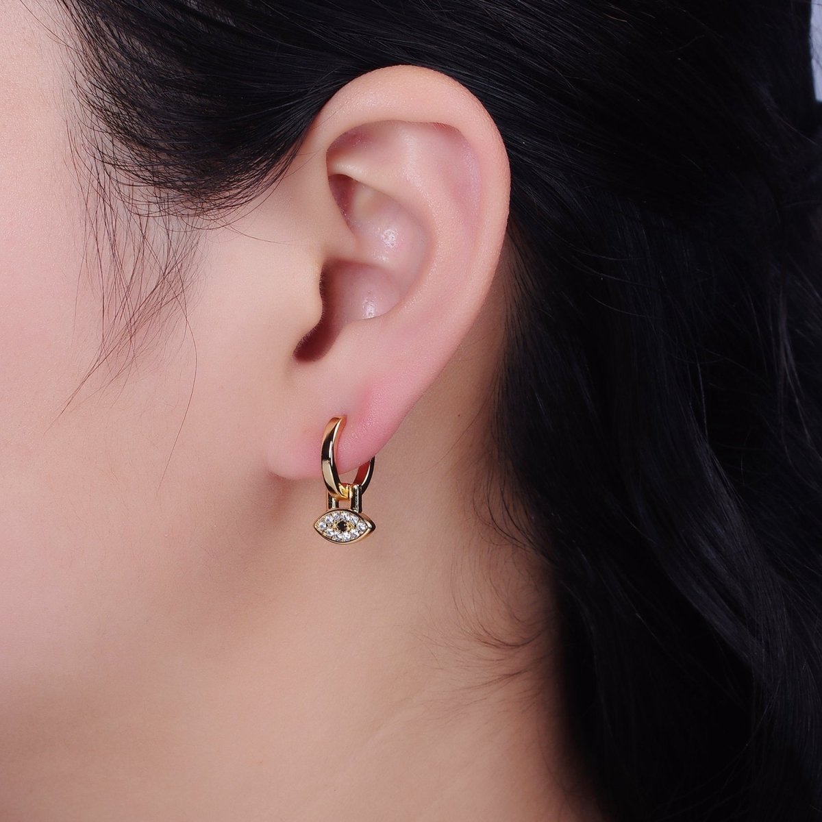 16K Gold Filled Black Evil Eye Micro Paved Drop Huggie Earrings in Gold &amp; Silver | AD1265 AD1266