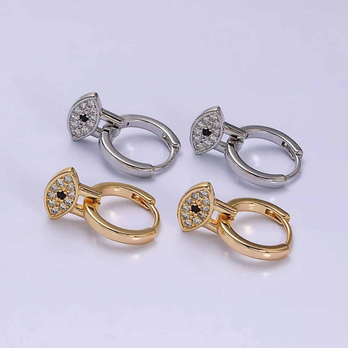 16K Gold Filled Black Evil Eye Micro Paved Drop Huggie Earrings in Gold &amp; Silver | AD1265 AD1266