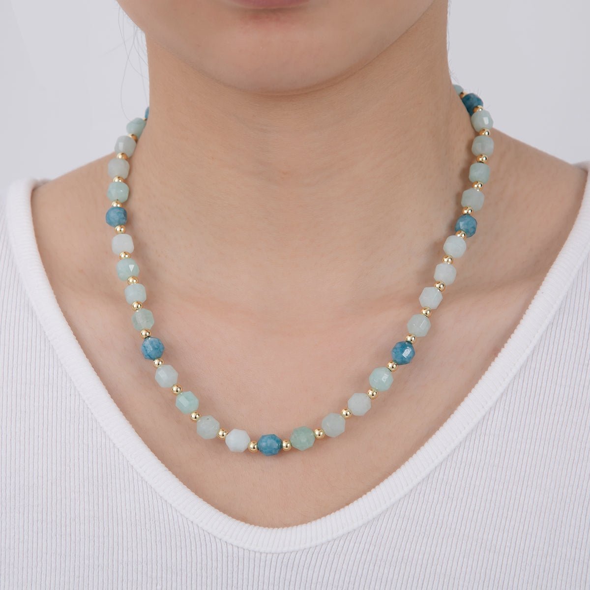 16K Gold Filled Blue Aquamarine Multifaceted Gemstone Bead 17.5 Inch Handmade Necklace | WA-00332