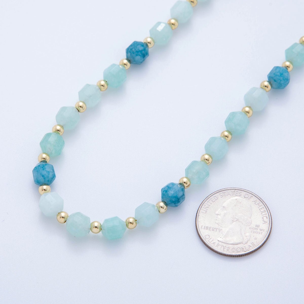 16K Gold Filled Blue Aquamarine Multifaceted Gemstone Bead 17.5 Inch Handmade Necklace | WA-00332