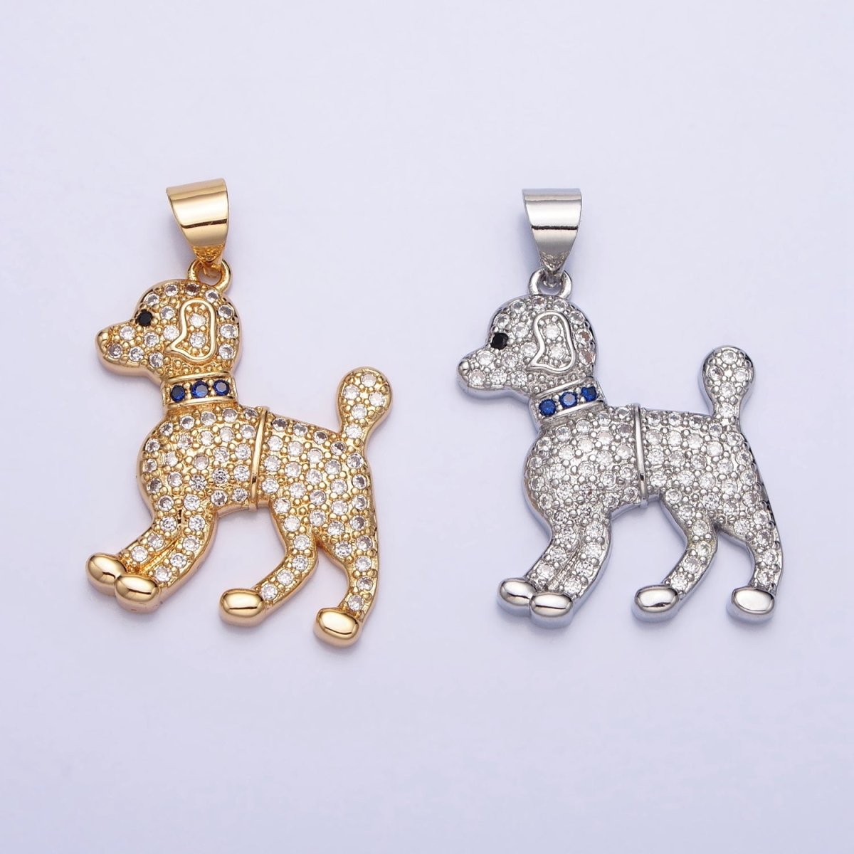 16K Gold Filled Blue-Collared Micro Paved CZ Dog Pet Animal Pendant in Gold &amp; Silver | AA388 AA389