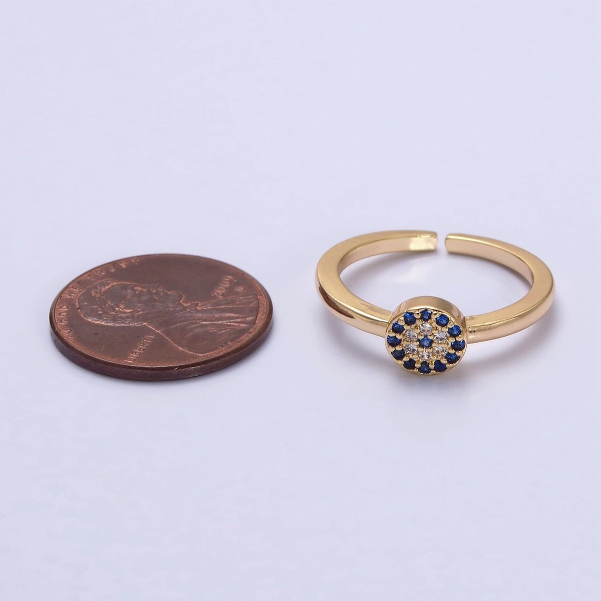 16K Gold Filled Blue Micro Paved CZ Round Evil Eye Adjustable Ring in Gold &amp; Silver | O-1627 O-1628