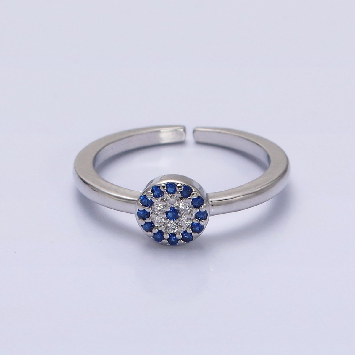 16K Gold Filled Blue Micro Paved CZ Round Evil Eye Adjustable Ring in Gold &amp; Silver | O-1627 O-1628