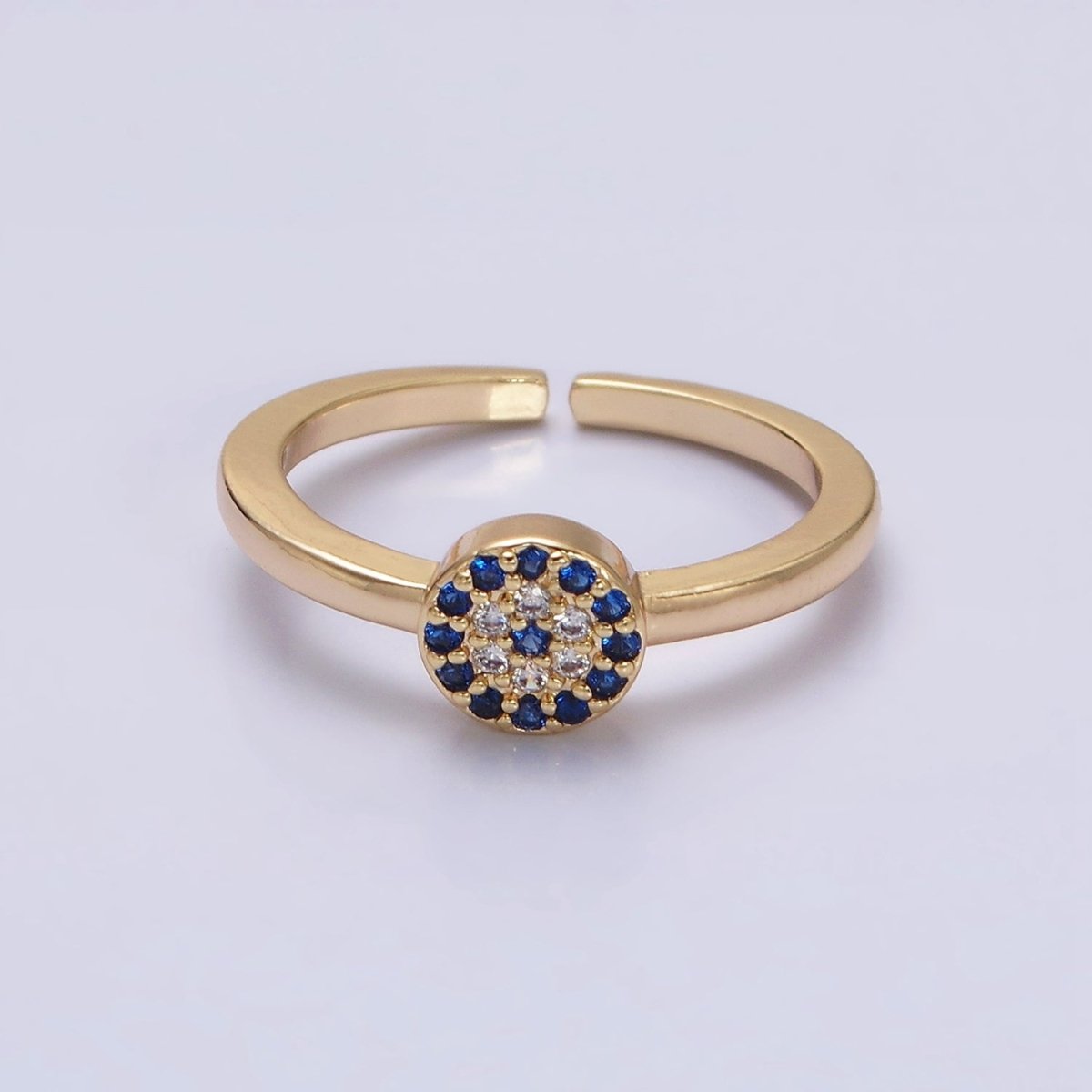 16K Gold Filled Blue Micro Paved CZ Round Evil Eye Adjustable Ring in Gold &amp; Silver | O-1627 O-1628