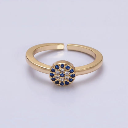16K Gold Filled Blue Micro Paved CZ Round Evil Eye Adjustable Ring in Gold &amp; Silver | O-1627 O-1628